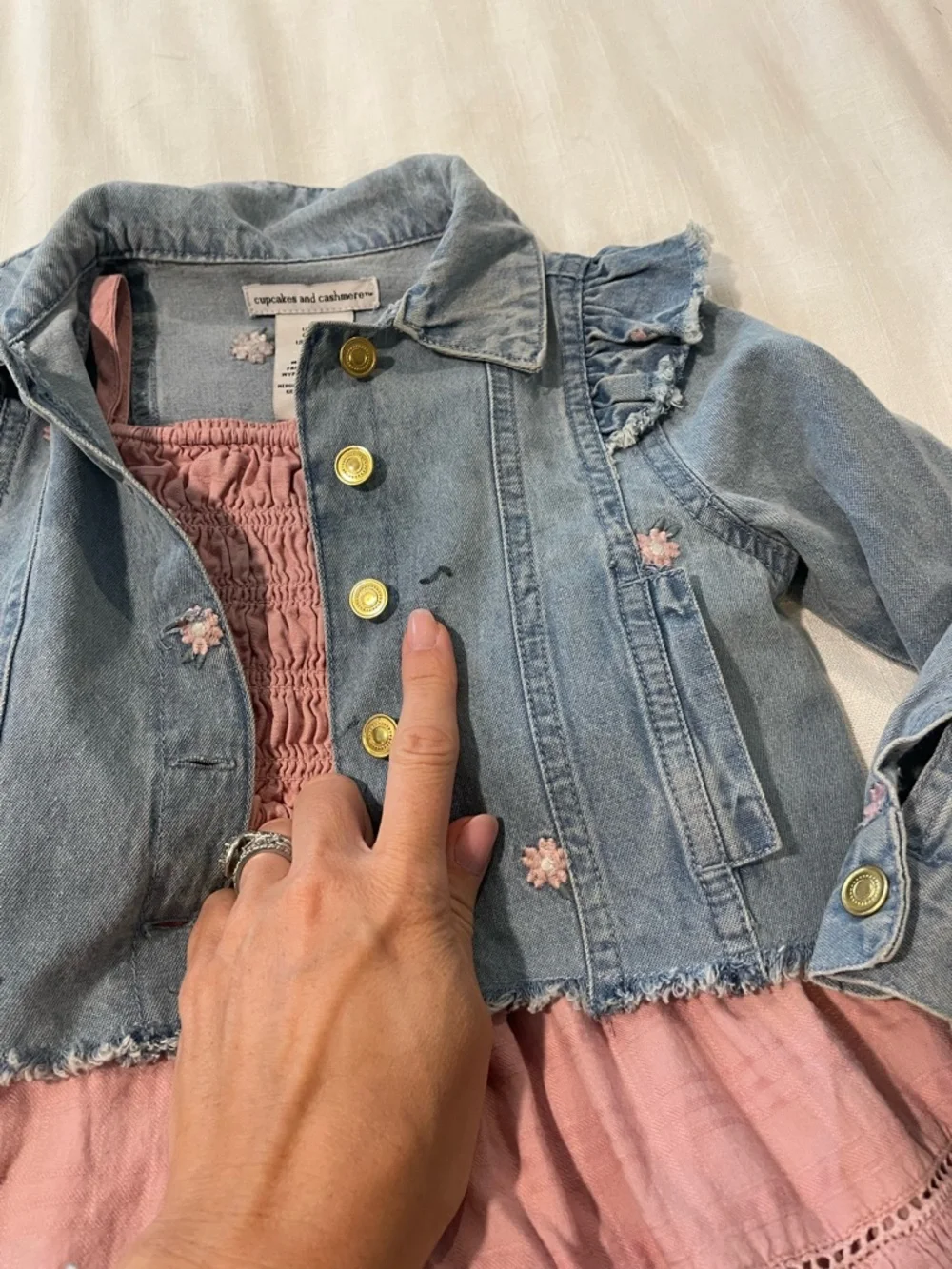 cupcakes & cashmere Pink Dress with Light Blue Denim Jacket